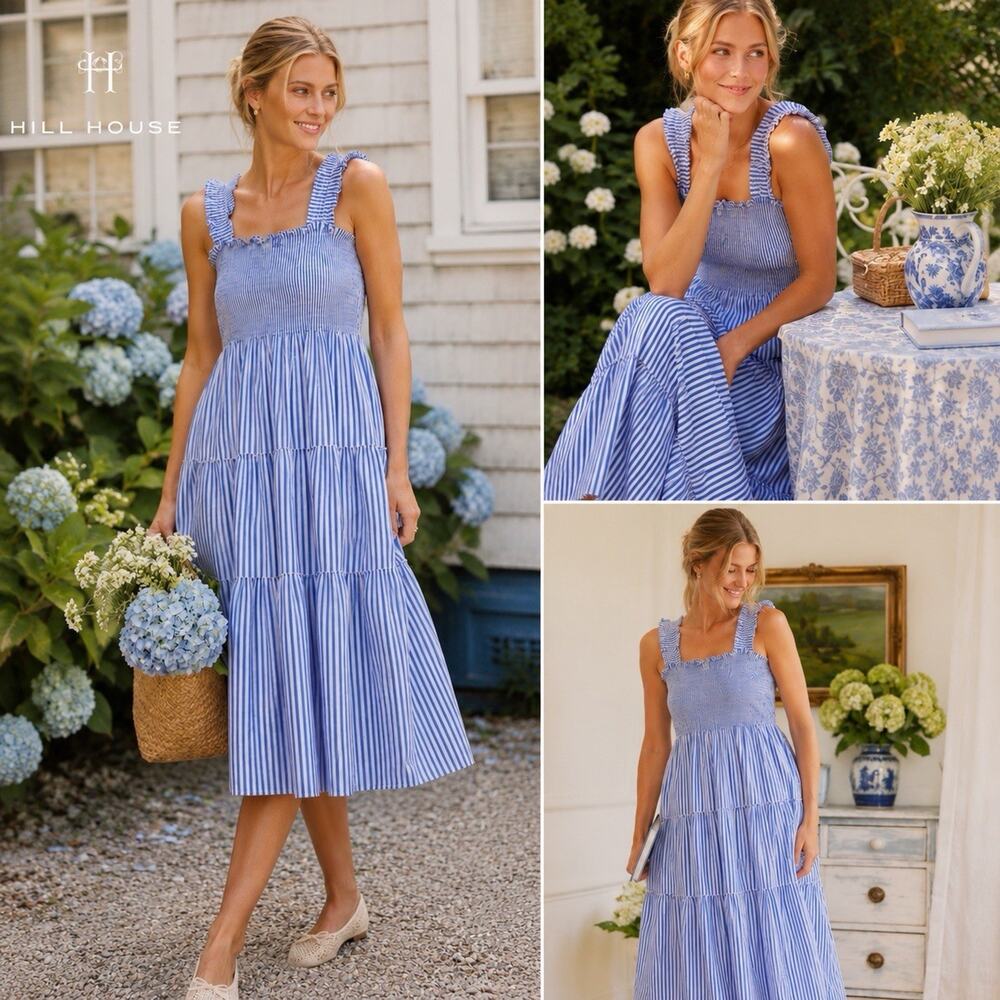 Hill House Home The Nap Dress Blueberry White Stripe Smocked Square Neck Maxi L